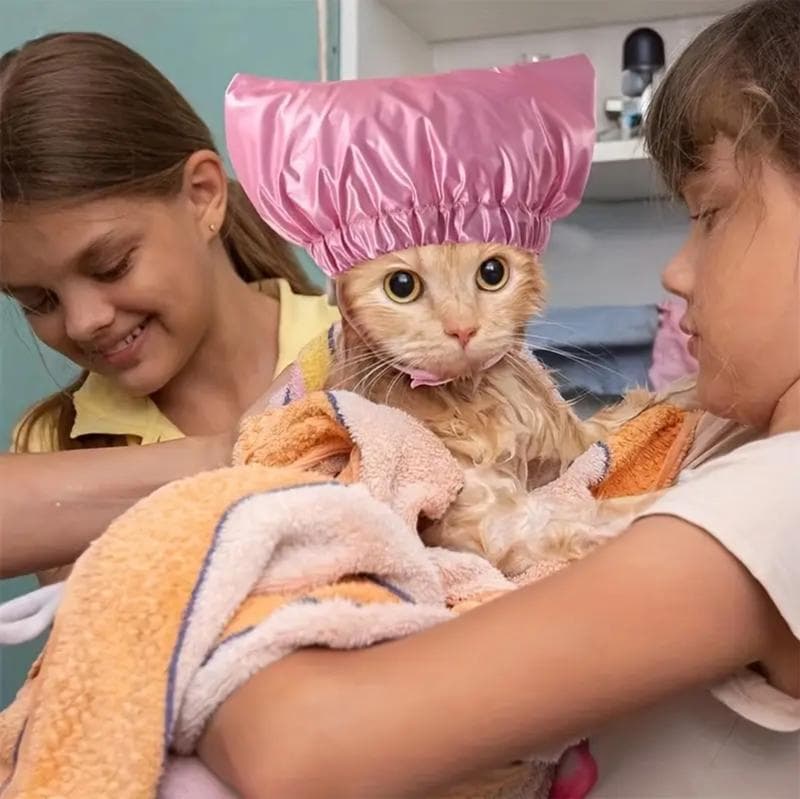 Шапочка для купання котика і собачки рожева